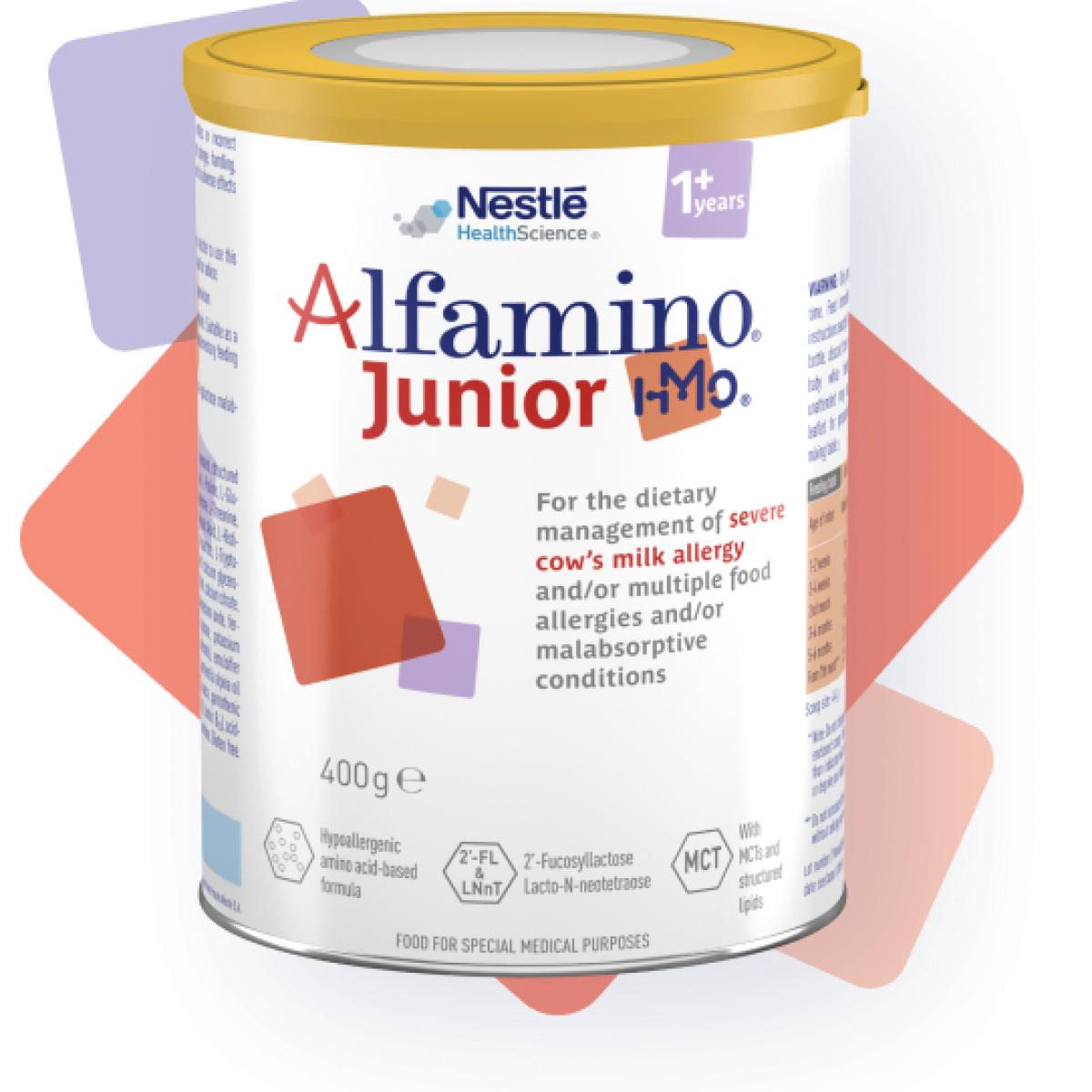 A can of Alfamino Junior HMO formula for children over 1 year old with food allergies, developed by Nestlé Health Science.