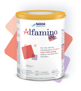 A can of Alfamino whey-based formula for infants with food allergies developed by Nestlé Health Science.