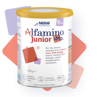 A can of Alfamino Junior HMO formula for children over 1 year old with food allergies, developed by Nestlé Health Science.